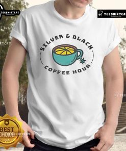 Alt Text: Good Silver and Black Coffee Hour T-Shirt featuring a stylish design perfect for coffee lovers and casual wear.