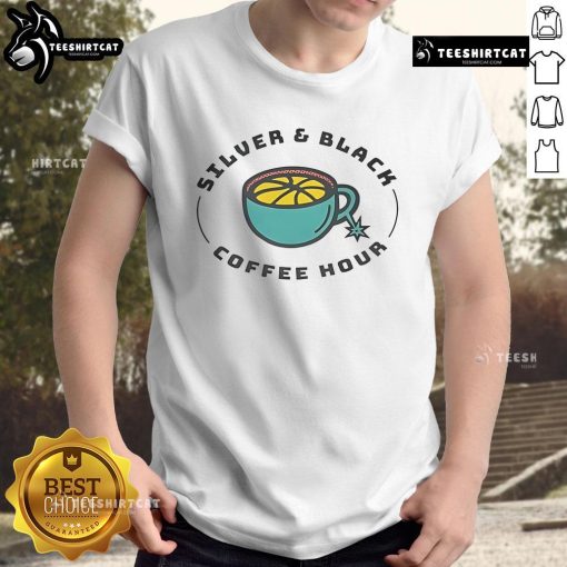 Alt Text: Good Silver and Black Coffee Hour T-Shirt featuring a stylish design perfect for coffee lovers and casual wear.