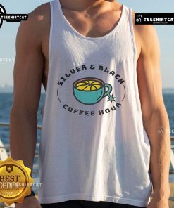 Stylish good silver and black coffee hour tank top displayed on a hanger, perfect for casual wear.