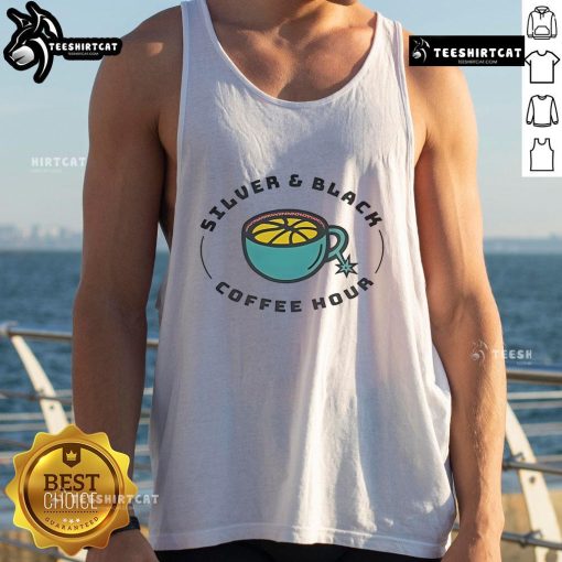 Stylish good silver and black coffee hour tank top displayed on a hanger, perfect for casual wear.