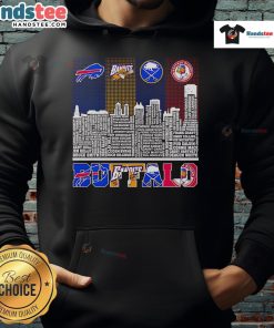Buffalo skyline hoodie featuring Bills, Bandits, Sabres, and Bisons logos, perfect for sports fans and city pride.
