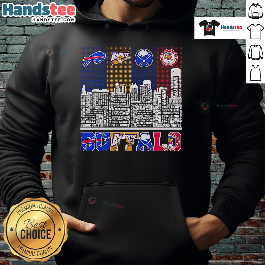 Good Skyline Name Buffalo Bills Bandits Sabres And Bisons Hoodie Buffalo skyline hoodie featuring Bills, Bandits, Sabres, and Bisons logos, perfect for sports fans and city pride.