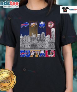 Buffalo skyline featuring Bills, Bandits, Sabres, and Bisons logos on a stylish ladies' tee design.