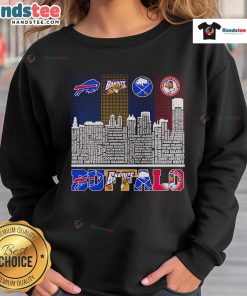 Cozy sweatshirt featuring Buffalo Bills, Bandits, Sabres, and Bisons skyline design for sports fans.