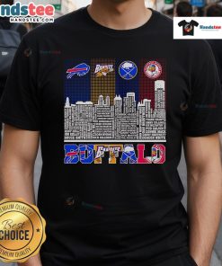 Good Skyline Name T-Shirt featuring Buffalo Bills, Bandits, Sabres, and Bisons logo design in vibrant colors.