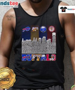 Buffalo Bills, Bandits, Sabres, and Bisons tank top featuring a vibrant skyline design, perfect for sports fans.