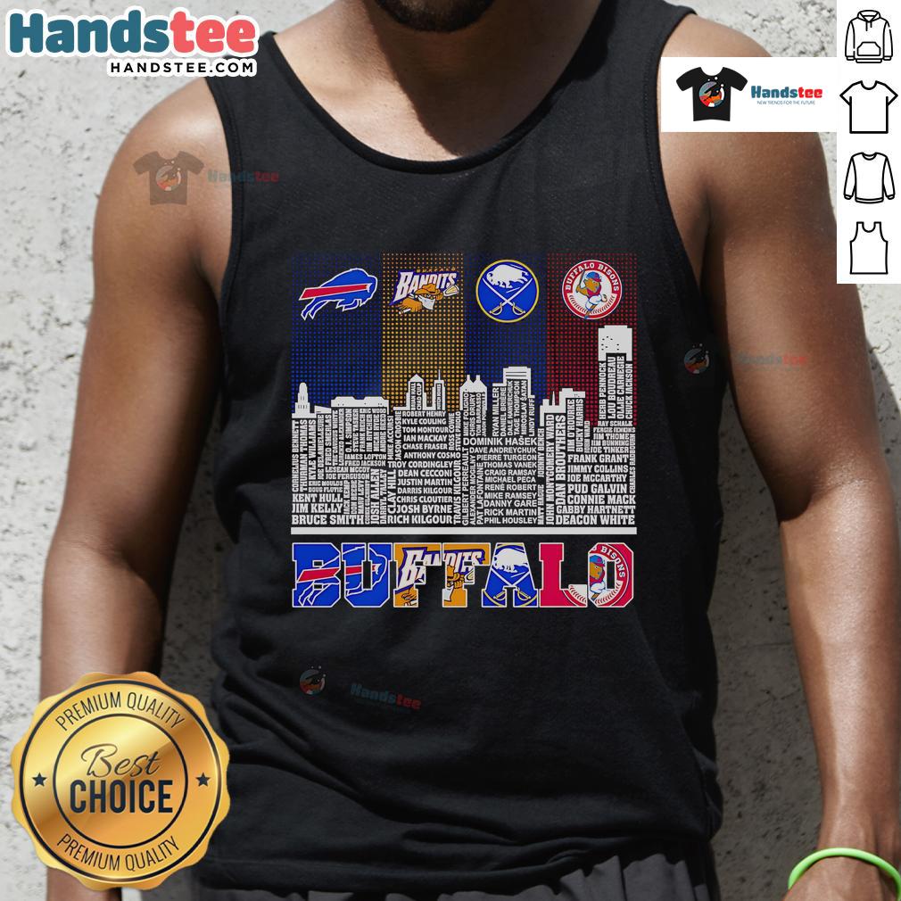 Good Skyline Name Buffalo Bills Bandits Sabres And Bisons Tank Top Buffalo Bills, Bandits, Sabres, and Bisons tank top featuring a vibrant skyline design, perfect for sports fans.