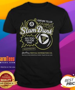 Good Slam Dunk Festival fortune teller wearing an 'Am I Too Old For This?' 8 Ball T-Shirt at Temple Newsam, Leeds.