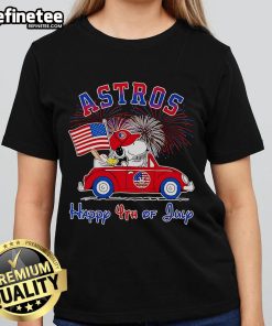 Happy 4th of July Ladies Tee featuring Snoopy and Woodstock in Astros gear, perfect for celebrating Independence Day.