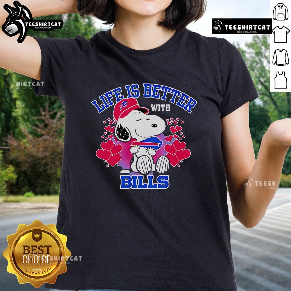 Good Snoopy Life Is Better With Bills Ladies Tee Alt Text: Good Snoopy Life is Better with Bills ladies tee featuring Snoopy graphic and stylish design for casual wear.