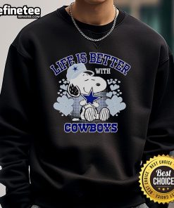 Good Snoopy Life is Better With Cowboys cartoon sweatshirt featuring Snoopy and cowboy graphics on a cozy design.