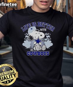 Good Snoopy Life Is Better With Cowboys Cartoon T-Shirt featuring Snoopy and cowboy graphics in vibrant colors.