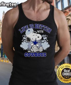 Good Snoopy Life Is Better With Cowboys cartoon tank top featuring Snoopy and cowboys in vibrant colors.