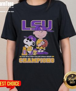 Alt Text: Good Snoopy, Woodstock, and Charlie Brown on LSU Tigers 2025 NCAA Baseball ladies tee shirt design.