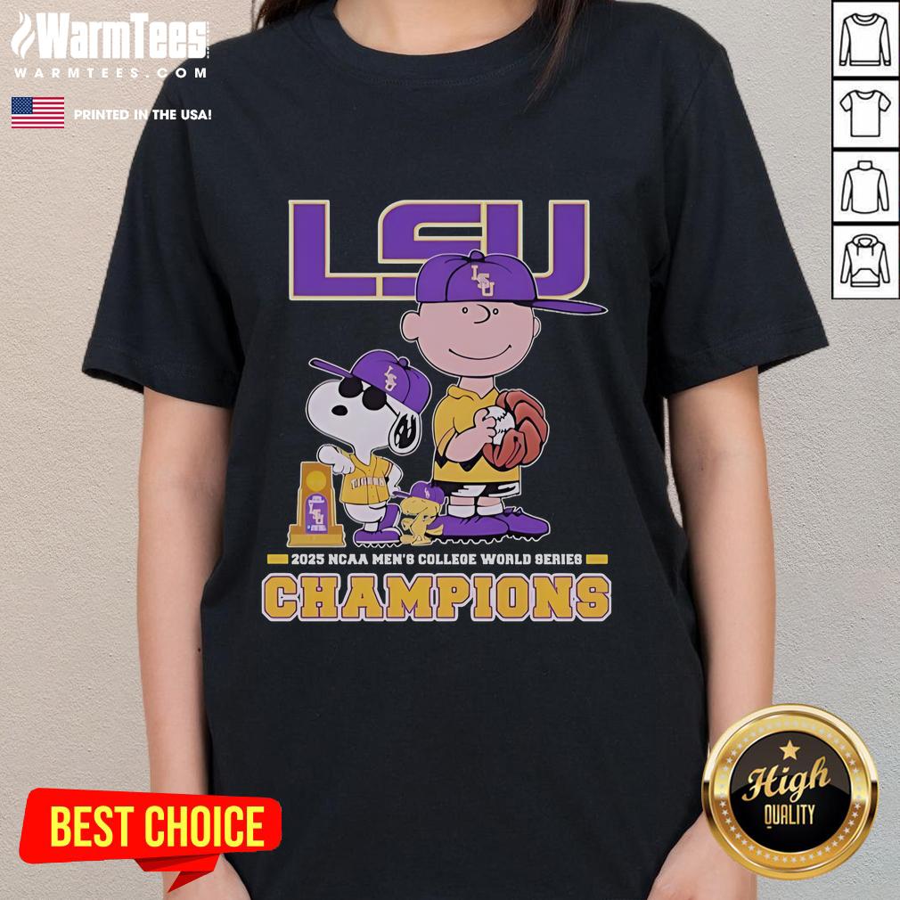 Good Snoopy Woodstock And Charlie Brown The Peanuts LSU Tigers 2025 NCAA Baseball Ladies-Tee Alt Text: Good Snoopy, Woodstock, and Charlie Brown on LSU Tigers 2025 NCAA Baseball ladies tee shirt design.