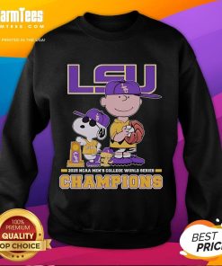 Alt Text: Good Snoopy, Woodstock, and Charlie Brown on LSU Tigers 2025 NCAA Baseball sweatshirt, perfect for Peanuts fans.