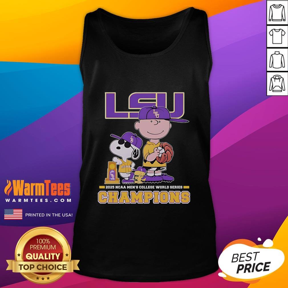 Good Snoopy Woodstock And Charlie Brown The Peanuts LSU Tigers 2025 NCAA Baseball Tank Top Alt Text: Good Snoopy, Woodstock, and Charlie Brown on LSU Tigers 2025 NCAA Baseball tank top, perfect for Peanuts fans.
