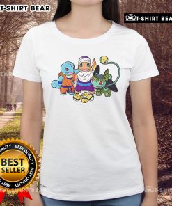 Colorful ladies tee featuring Good Squirtle, Goku, Charmander, Piccolo, Bulbasaur, and Cell from Dragon Ball and Pokemon.