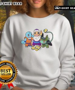Colorful sweatshirt featuring Squirtle, Goku, Charmander, Piccolo, Bulbasaur, and Cell from Dragon Ball and Pokemon.