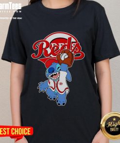 Good Stitch Play Baseball Cincinnati Reds ladies tee featuring team logo and vibrant red color, perfect for fans.