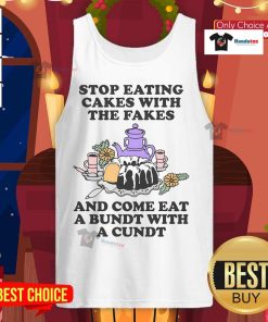 Person wearing 'Come Eat A Bundt With A Cundt' tank top, smiling while holding a delicious Bundt cake outdoors.