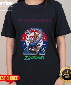 Good Texas Rangers Zootopia 2 ladies tee featuring vibrant graphics and stylish design for fans of both franchises.