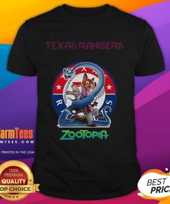 Good Texas Rangers Zootopia 2 T-Shirt featuring vibrant graphics of characters and team logo, perfect for fans.