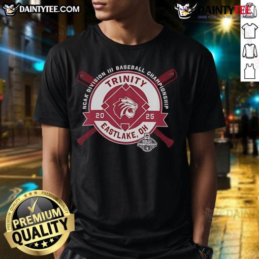 Good Trinity University NCAA Division III Baseball Championship T-Shirt, Eastlake, OH 2025, featuring team colors and logo.