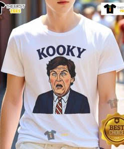 Alt Text: Funny Good Trump Kooky Tucker Carlson parody T-shirt featuring humorous graphics and bold text, perfect for fans.