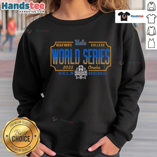 UCLA Bruins College World Series 2025 baseball sweatshirt featuring team colors and logo.