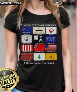Good United States of America History of Defiance Flags ladies tee featuring a bold graphic design and vibrant colors.