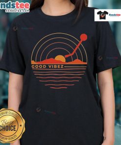 Good Vibez Record Sunset Ladies Tee featuring a vibrant sunset design perfect for casual summer outfits.