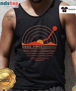 Good Vibez Record sunset tank top featuring a vibrant sunset design, perfect for summer outings and music lovers.