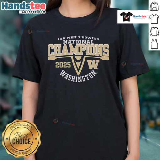 2025 National Champions logo for Washington Huskies men's rowing on a ladies tee, showcasing team pride and achievement.