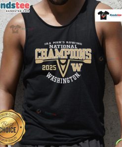 Alt Text: 2025 National Champions logo tank top for Washington Huskies men's rowing team, showcasing team pride and spirit.