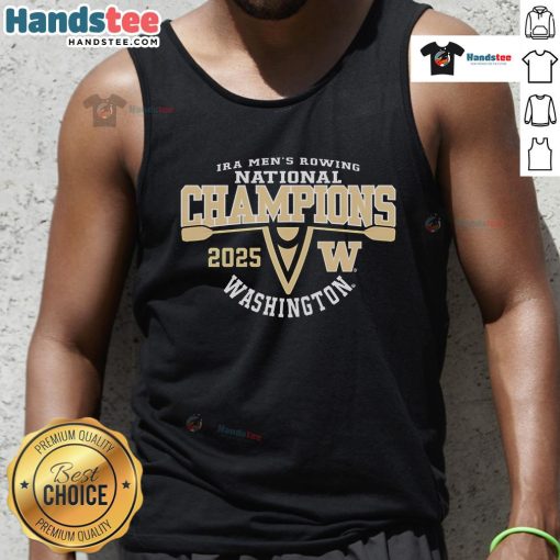Alt Text: 2025 National Champions logo tank top for Washington Huskies men's rowing team, showcasing team pride and spirit.