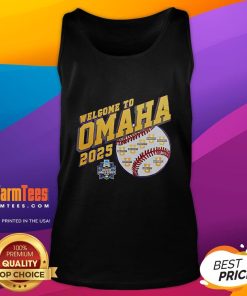 LSU Tigers tank top featuring 'Good Welcome to Omaha 2025' design, perfect for fans celebrating college baseball.