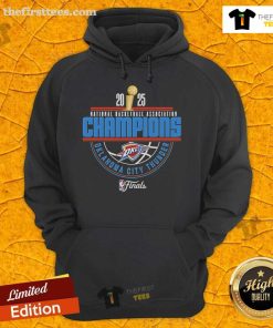 Official OKC Thunder 2025 NBA Champions Arch Hoodie in blue with team logo and championship lettering.