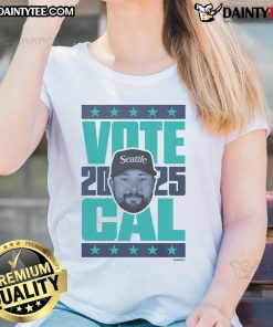 Happy Cal Raleigh 2025 Vote ladies tee featuring a vibrant design promoting civic engagement and support for voting.