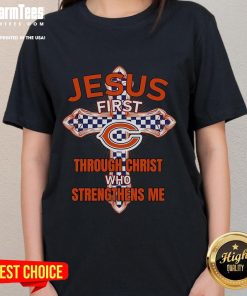 Happy Chicago Bears Jesus tee for ladies, featuring 'I can do all things through Christ who strengthens me.'