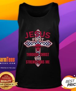 Happy Chicago Bulls tank top featuring 'Jesus First Through Christ Who Strengthens Me' design for fans and believers.
