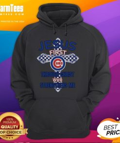 Happy Chicago Cubs hoodie featuring 'Jesus First, Through Christ Who Strengthens Me' design, perfect for fans and believers.