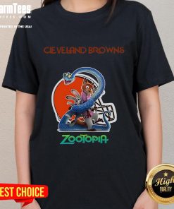 Happy Cleveland Browns Zootopia 2 ladies tee featuring vibrant colors and playful design, perfect for fans and casual wear.