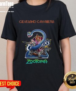 Happy Cleveland Cavaliers Zootopia 2 ladies tee featuring vibrant colors and a fun design, perfect for fans.