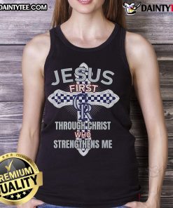 Happy Colorado Rockies scene featuring a 'Jesus First' tank top with 'Through Christ Who Strengthens Me' design.
