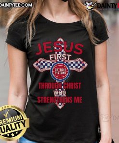Happy Detroit Pistons Jesus tee for ladies featuring 'I can do all things through Christ who strengthens me' design.