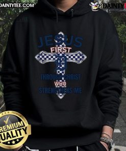 Happy Detroit Tigers hoodie featuring 'Jesus First through Christ Who Strengthens Me' design, perfect for fans and believers.