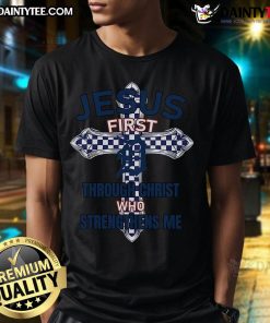 Happy Detroit Tigers T-Shirt featuring 'Jesus First Through Christ Who Strengthens Me' design for fans and believers.