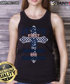 Happy Detroit Tigers tank top featuring 'Jesus First, Through Christ Who Strengthens Me' design for fans and believers.