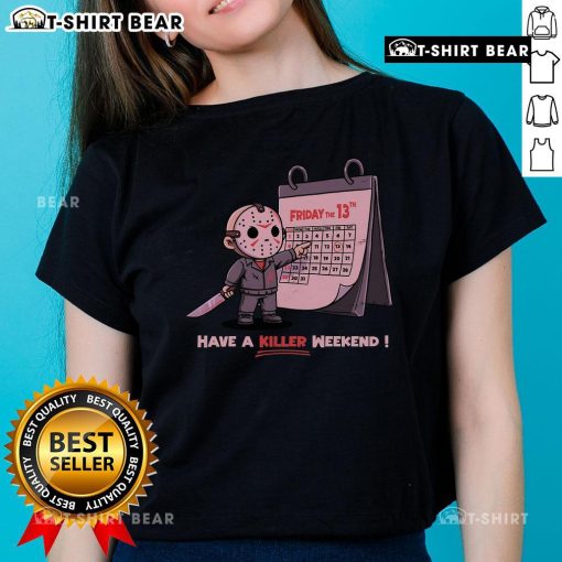 Happy Friday the 13th graphic tee for ladies, featuring spooky design perfect for a killer weekend celebration.